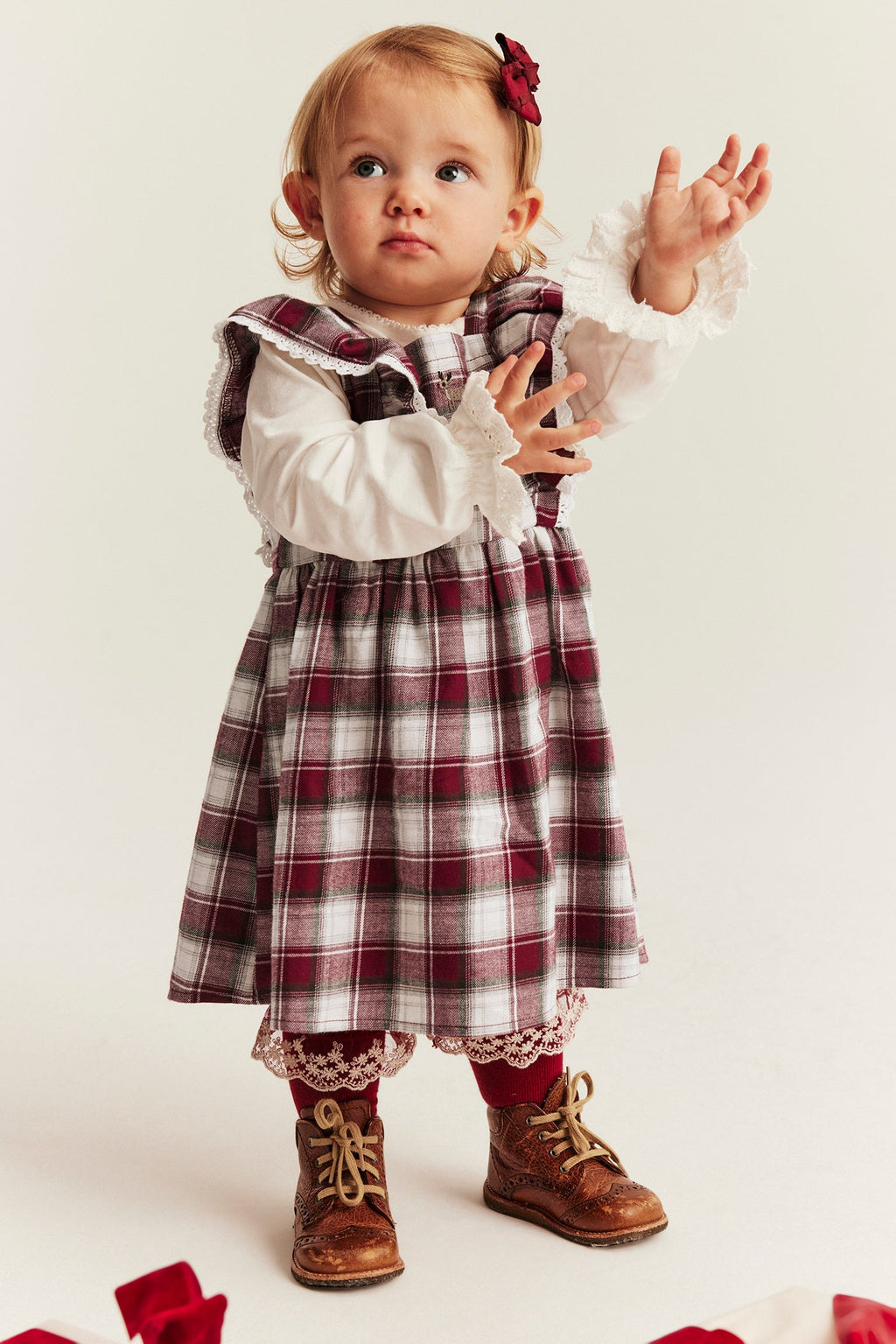 Baby red & white checked woven pinafore dress