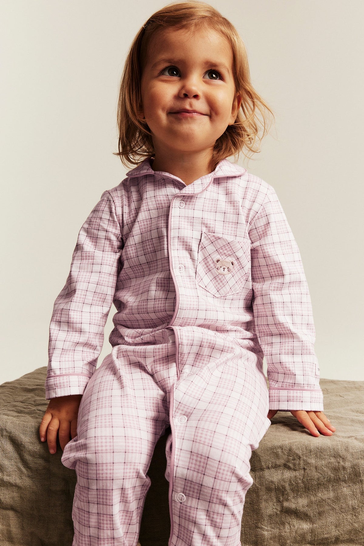 Baby pink & white checked pyjamas with embroidery